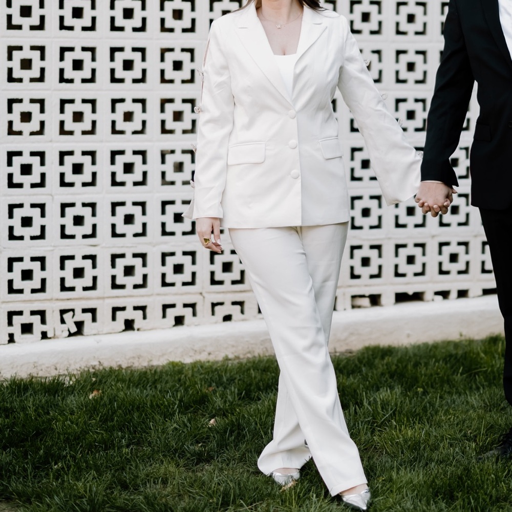 White Pantsuits with rhinestone bows